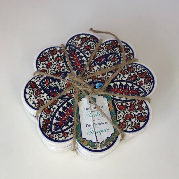 NEW Hand Painted Turkish Boho Ceramic Coaster Set Of 4 Made in‎ Turkey - Picture 1 of 3